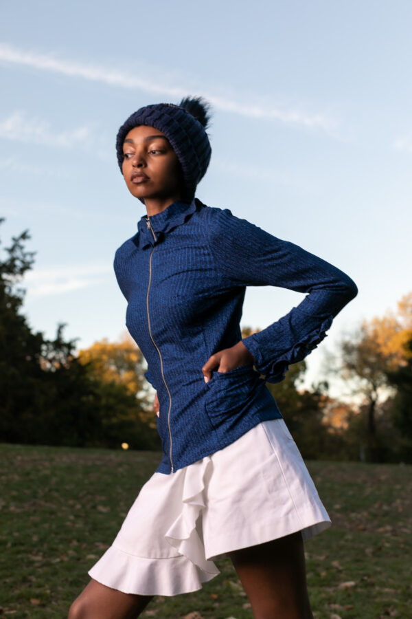 Ohna Shinny Deep blue ruffle top