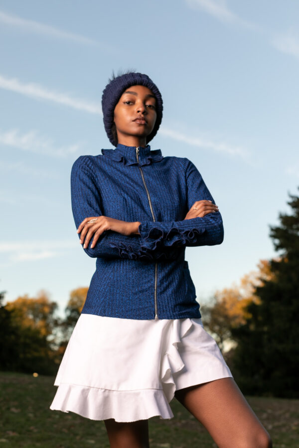 Ohna Shinny Deep blue ruffle top