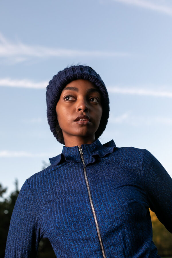 Ohna Shinny Deep blue ruffle top